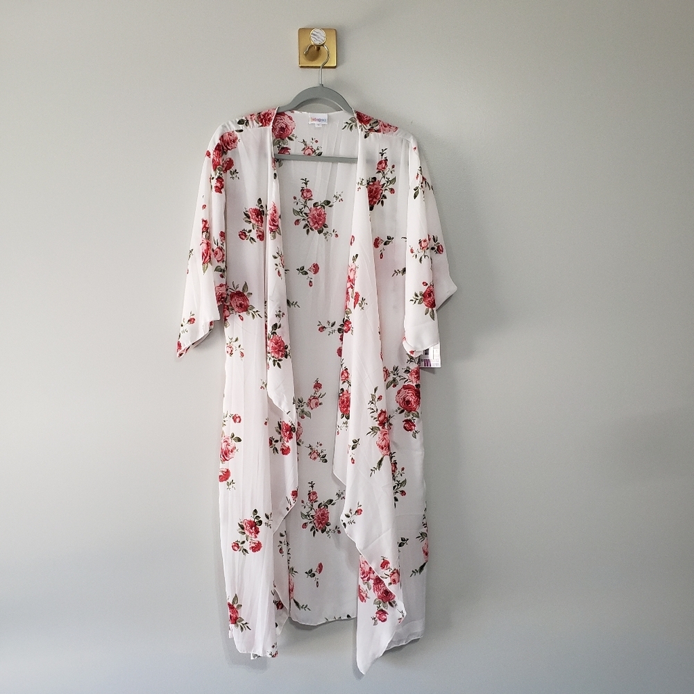 LuLaRoe NWT Shirley Open Front Floral Duster Kimono Women Medium White Pink